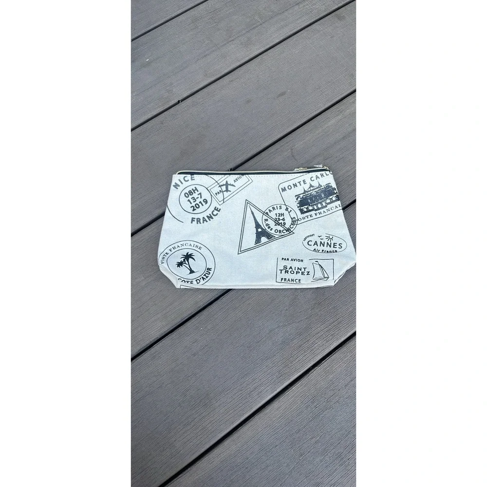 Lancome Paris Travel Makeup Bag Canvas Pouch French Passport Stamp Print White